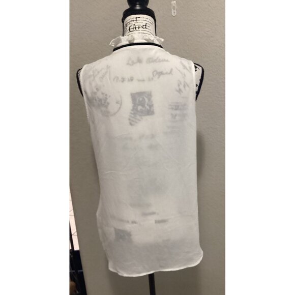 Pleione White Sleeveless Button-Down Blouse W/Ruffle Trim & Black Ribbon - Picture 5 of 5